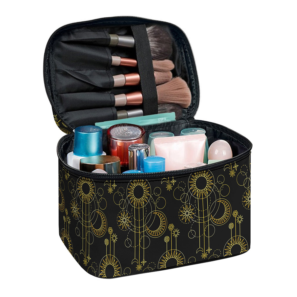 Gold Sun And Moon Pattern Print Travel Makeup Bag