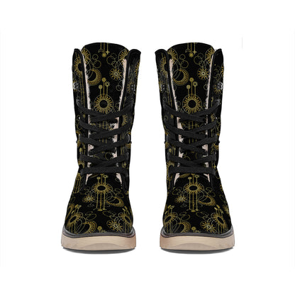 Gold Sun And Moon Pattern Print Winter Boots