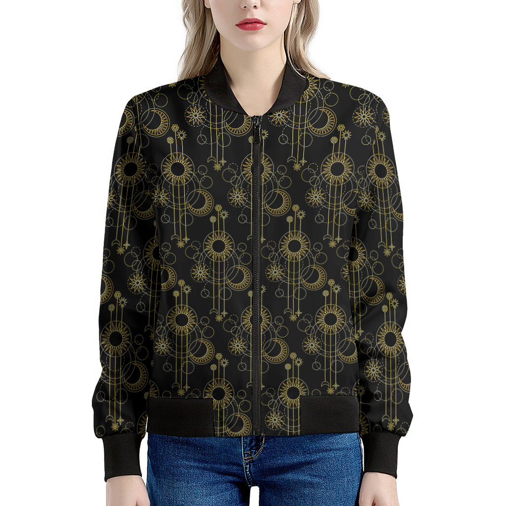 Gold Sun And Moon Pattern Print Women's Bomber Jacket