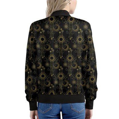 Gold Sun And Moon Pattern Print Women's Bomber Jacket