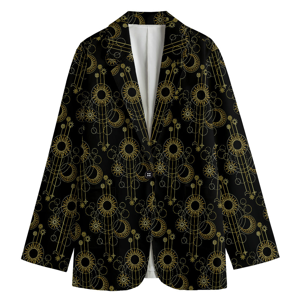 Gold Sun And Moon Pattern Print Women's Cotton Blazer