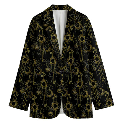 Gold Sun And Moon Pattern Print Women's Cotton Blazer