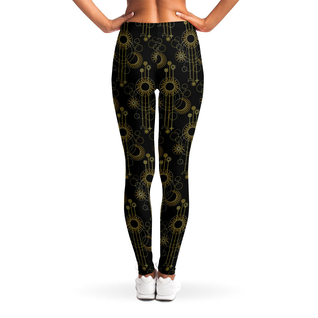 Gold Sun And Moon Pattern Print Women's Leggings