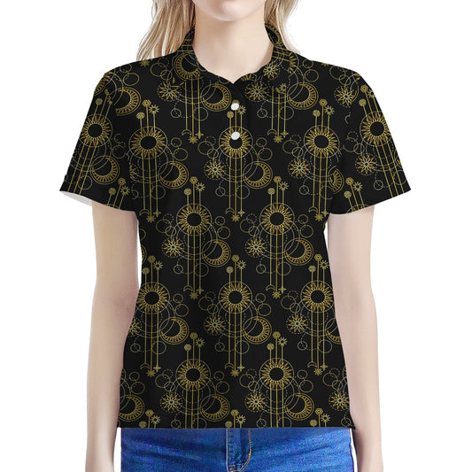 Gold Sun And Moon Pattern Print Women's Polo Shirt