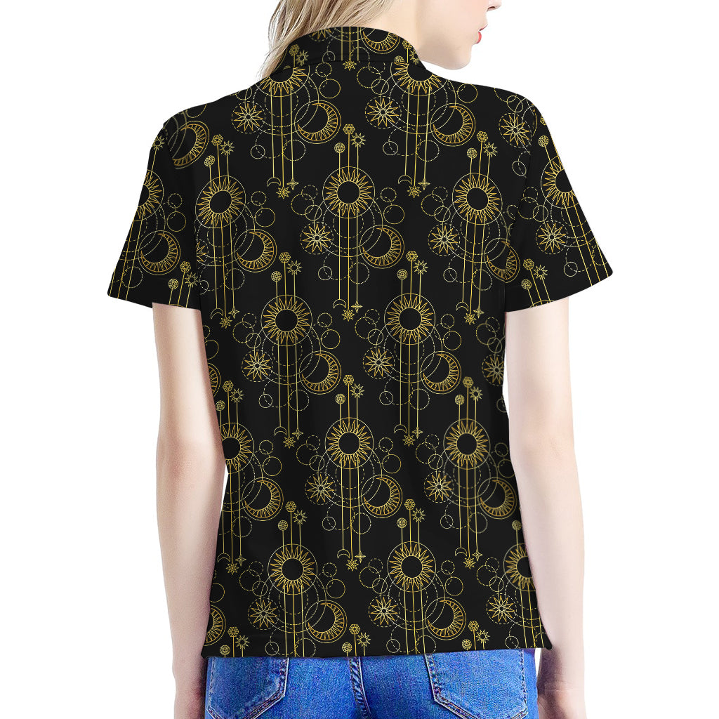 Gold Sun And Moon Pattern Print Women's Polo Shirt