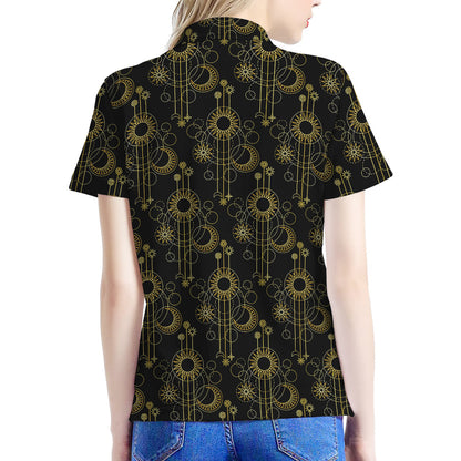 Gold Sun And Moon Pattern Print Women's Polo Shirt