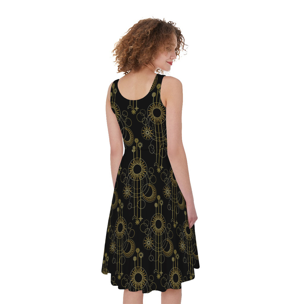 Gold Sun And Moon Pattern Print Women's Sleeveless Dress