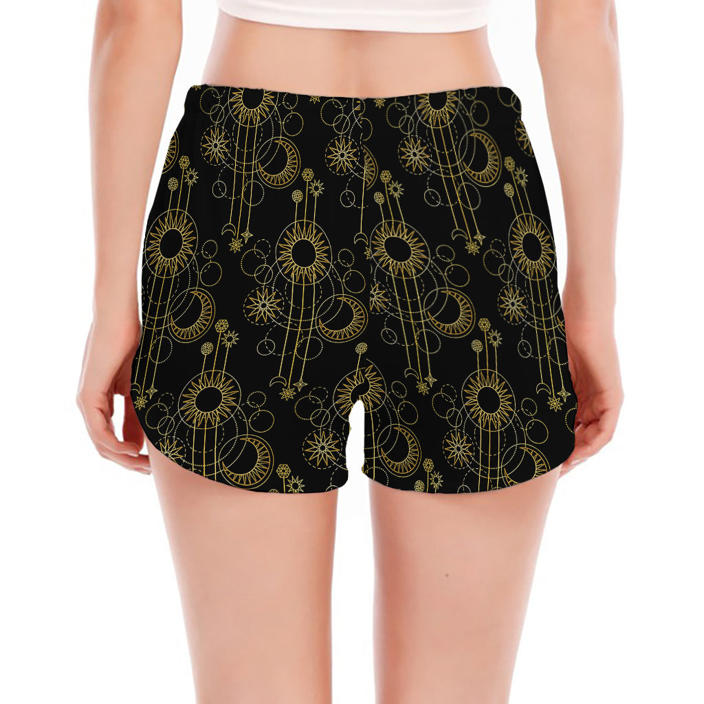 Gold Sun And Moon Pattern Print Women's Split Running Shorts