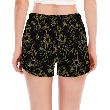 Gold Sun And Moon Pattern Print Women's Split Running Shorts