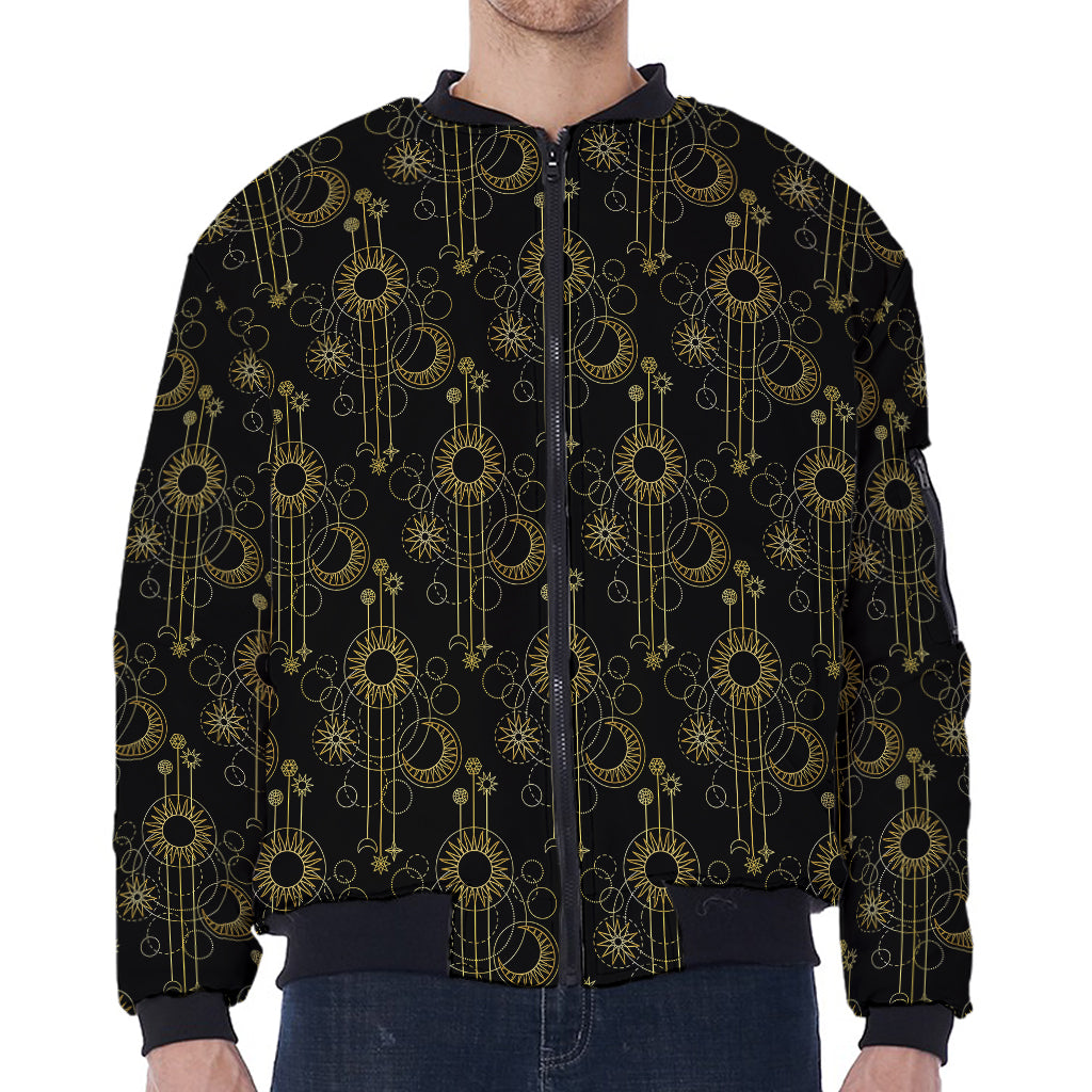Gold Sun And Moon Pattern Print Zip Sleeve Bomber Jacket
