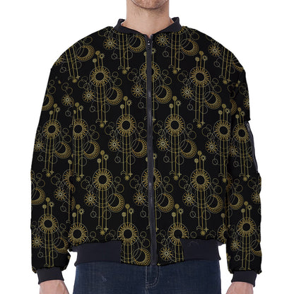 Gold Sun And Moon Pattern Print Zip Sleeve Bomber Jacket