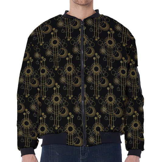 Gold Sun And Moon Pattern Print Zip Sleeve Bomber Jacket