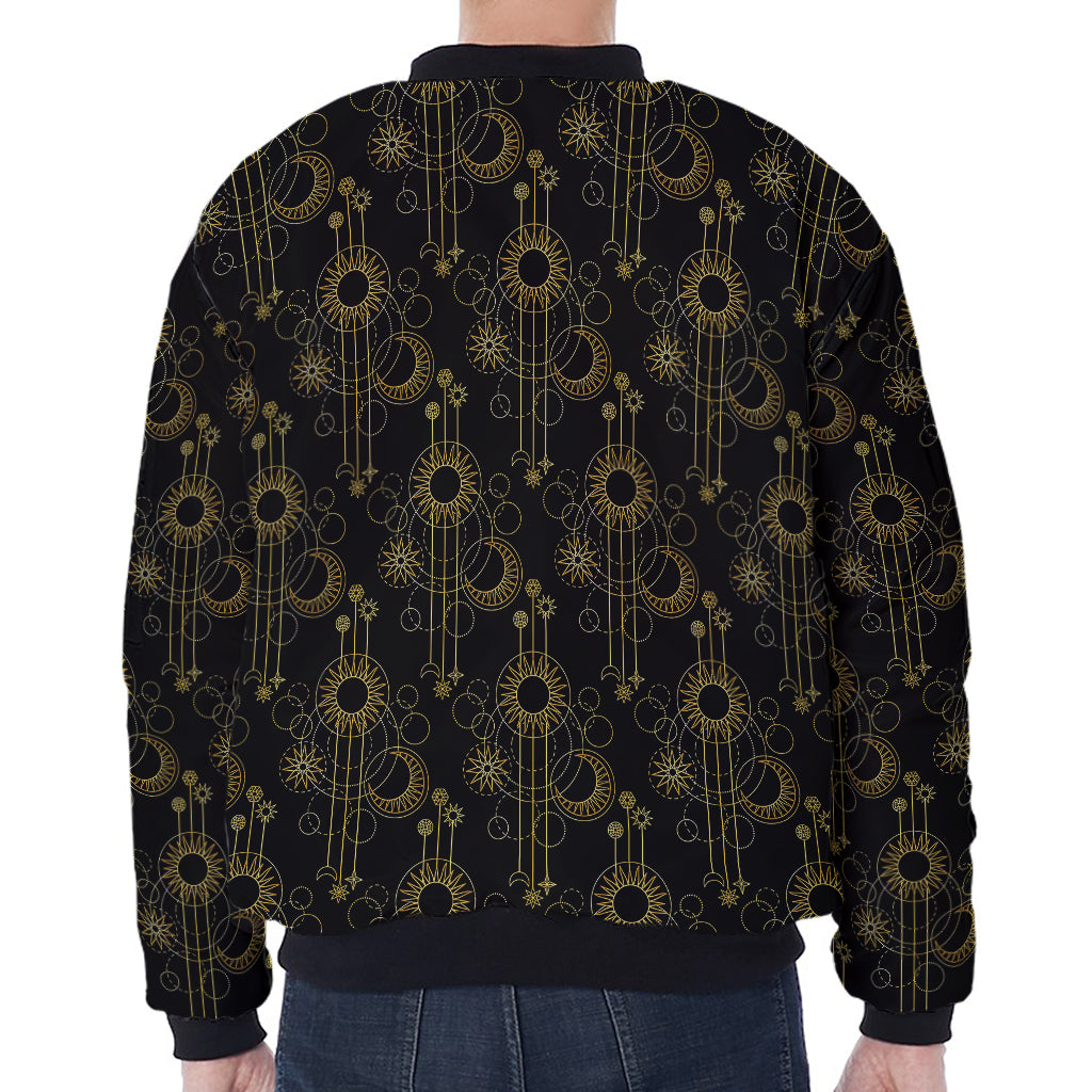 Gold Sun And Moon Pattern Print Zip Sleeve Bomber Jacket