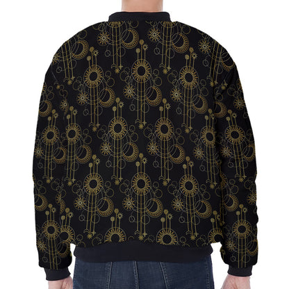 Gold Sun And Moon Pattern Print Zip Sleeve Bomber Jacket