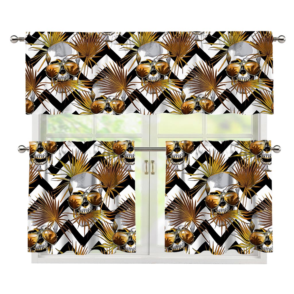 Gold Tropical Skull Pattern Print 3 Piece Kitchen Curtains