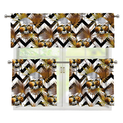 Gold Tropical Skull Pattern Print 3 Piece Kitchen Curtains