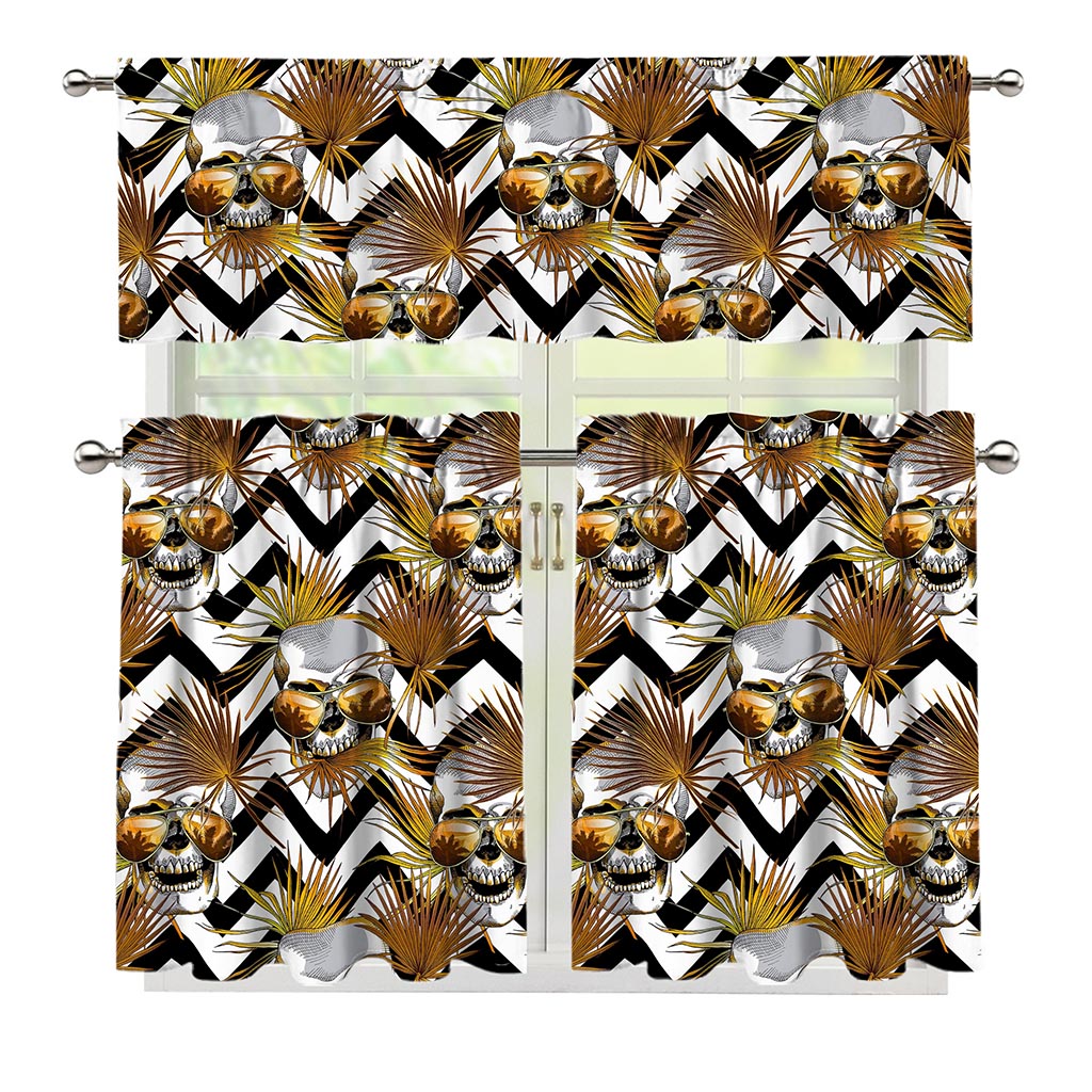 Gold Tropical Skull Pattern Print 3 Piece Kitchen Curtains