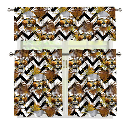 Gold Tropical Skull Pattern Print 3 Piece Kitchen Curtains
