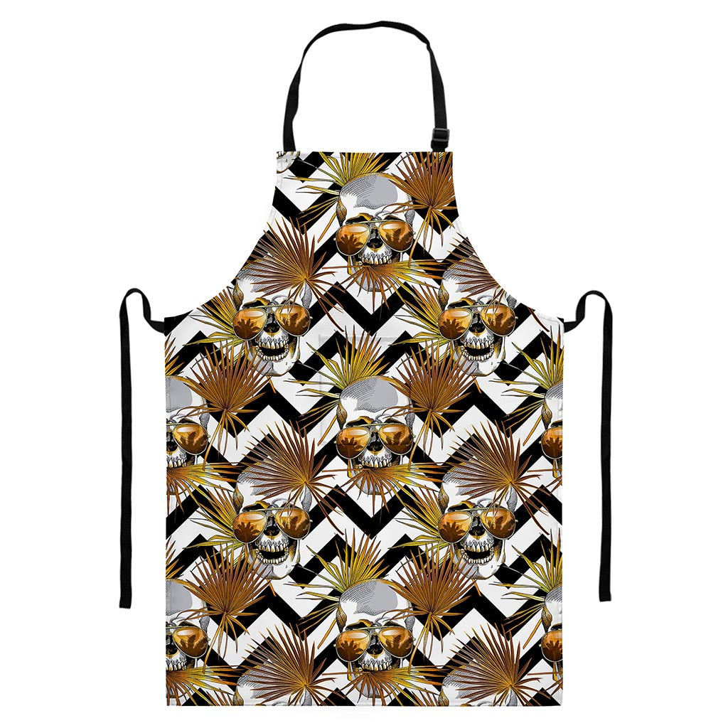 Gold Tropical Skull Pattern Print Bib Apron With Pocket