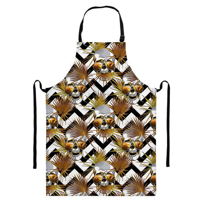 Gold Tropical Skull Pattern Print Bib Apron With Pocket