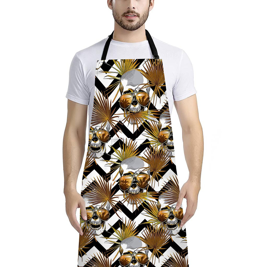 Gold Tropical Skull Pattern Print Bib Apron With Pocket