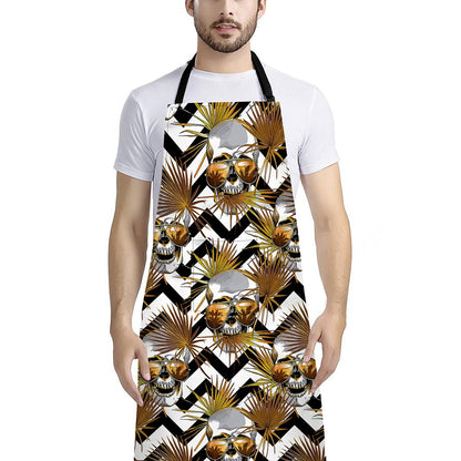 Gold Tropical Skull Pattern Print Bib Apron With Pocket