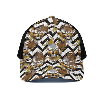 Gold Tropical Skull Pattern Print Black Mesh Trucker Cap