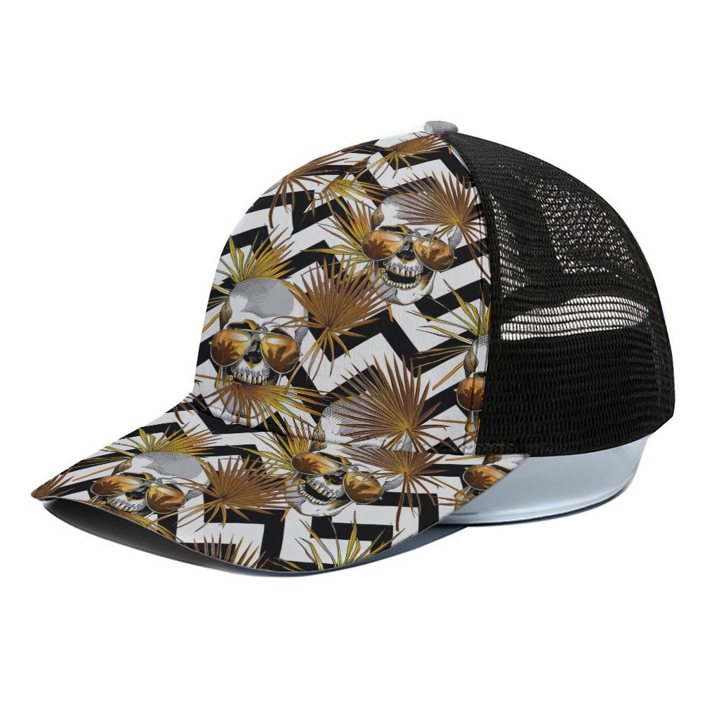 Gold Tropical Skull Pattern Print Black Mesh Trucker Cap
