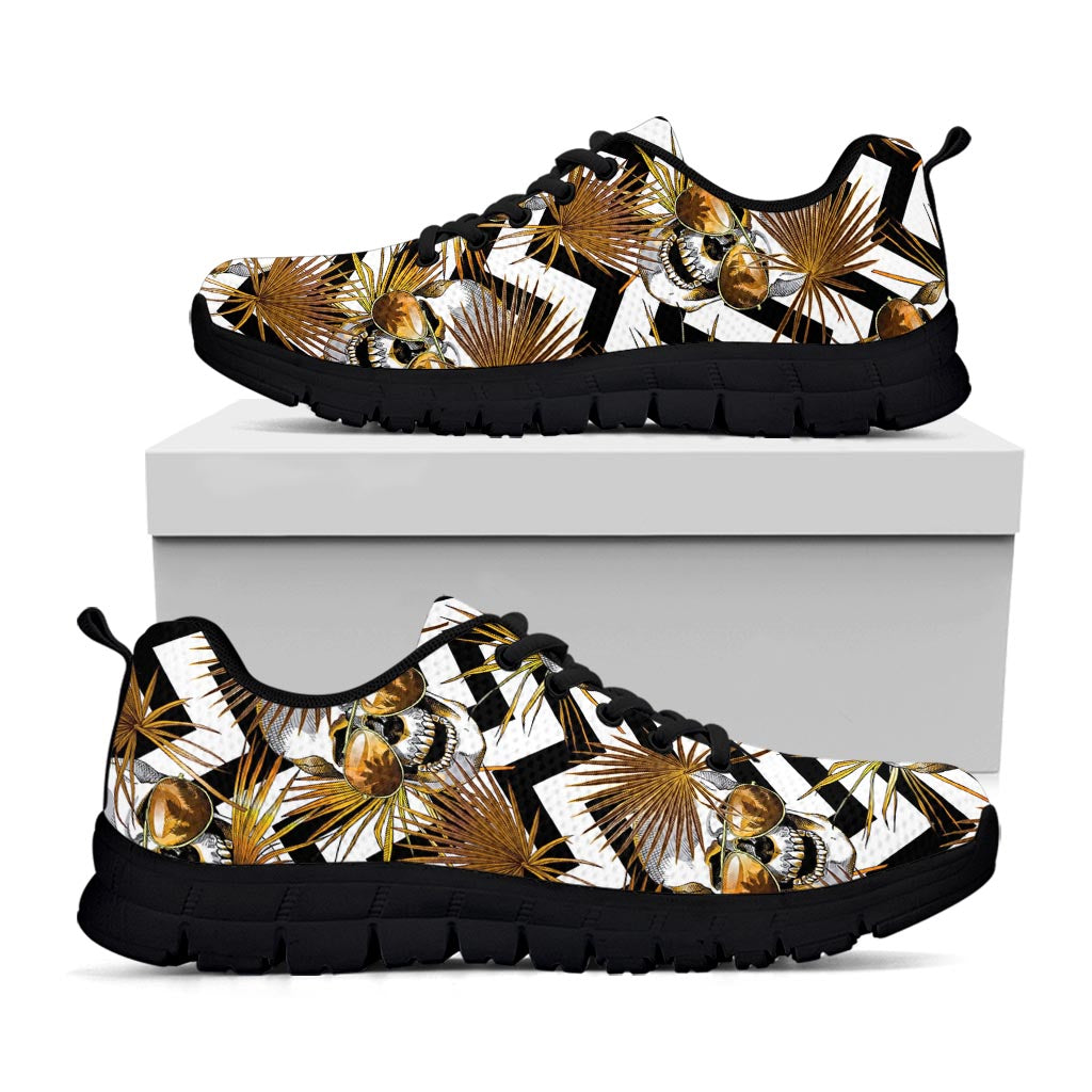 Gold Tropical Skull Pattern Print Black Running Shoes