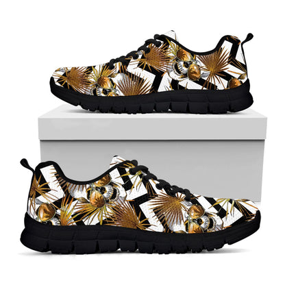 Gold Tropical Skull Pattern Print Black Running Shoes