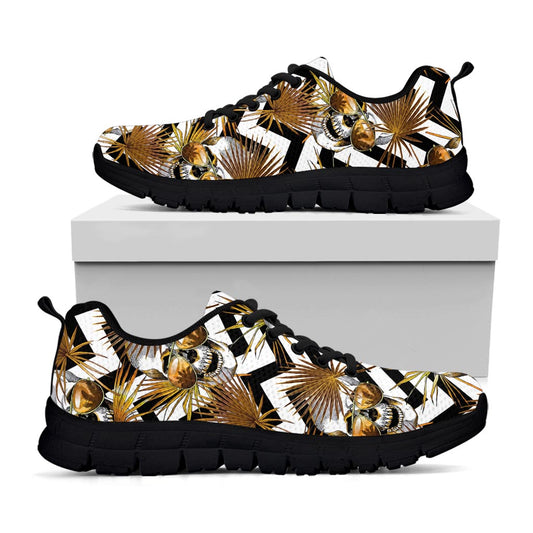 Gold Tropical Skull Pattern Print Black Running Shoes