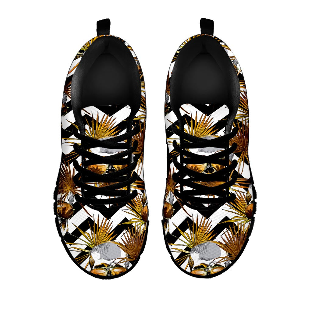 Gold Tropical Skull Pattern Print Black Running Shoes
