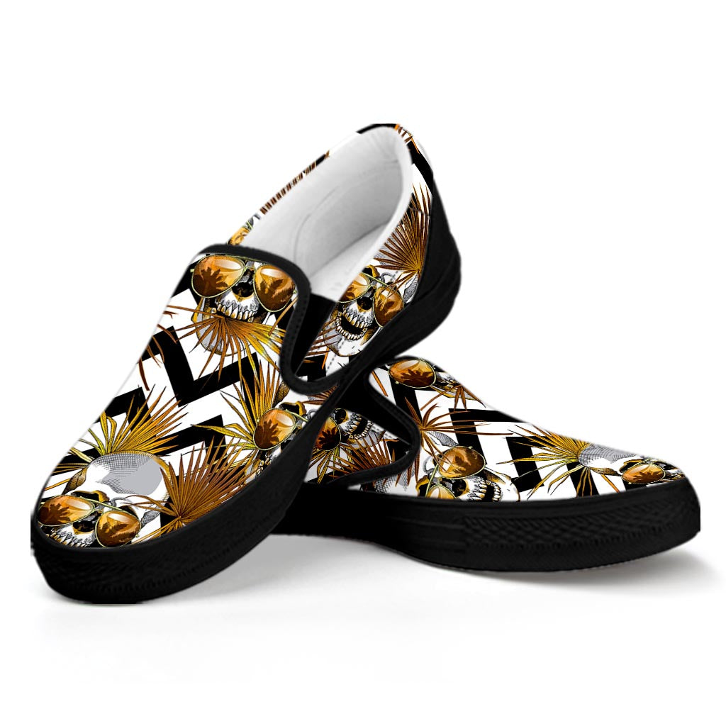 Gold Tropical Skull Pattern Print Black Slip On Sneakers