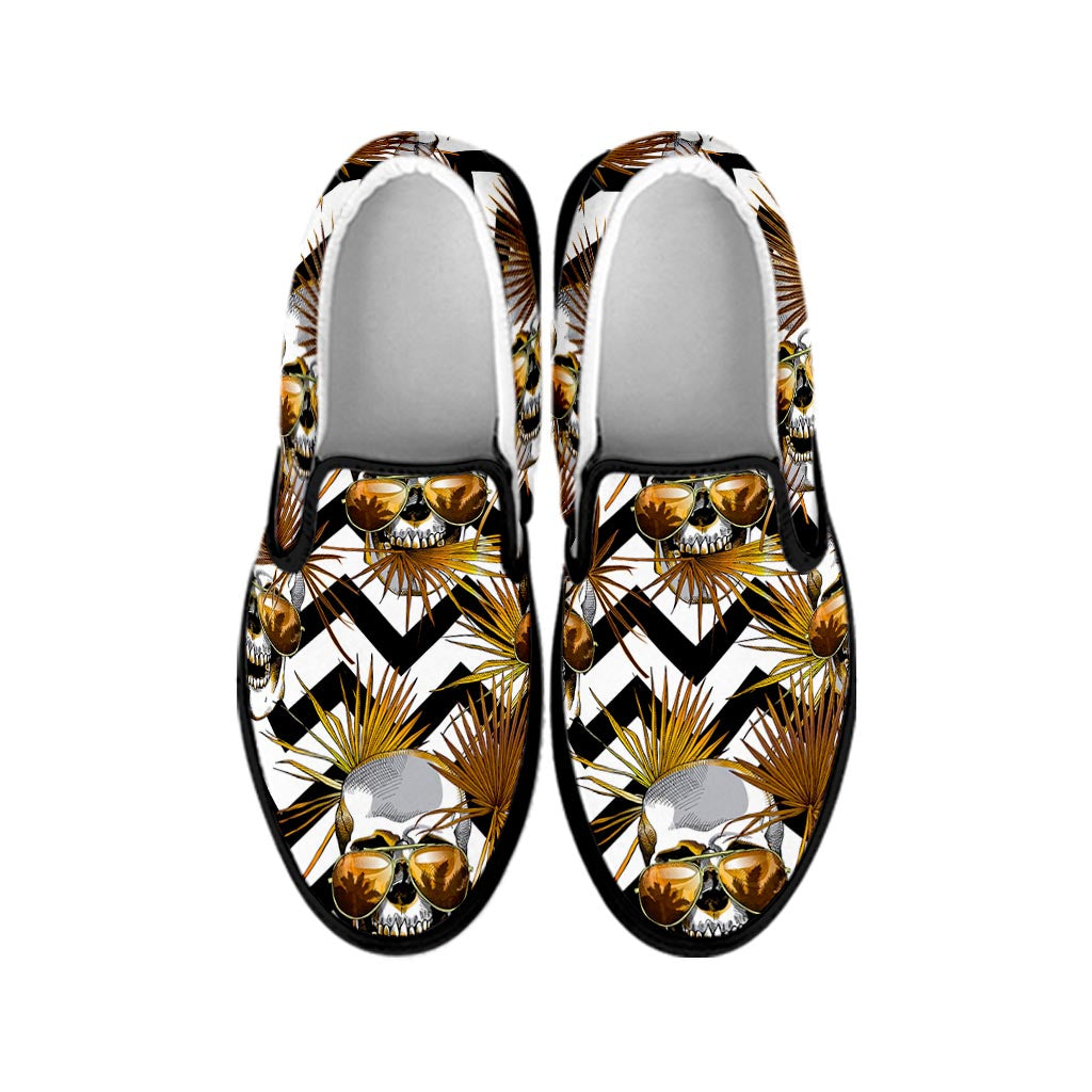 Gold Tropical Skull Pattern Print Black Slip On Sneakers