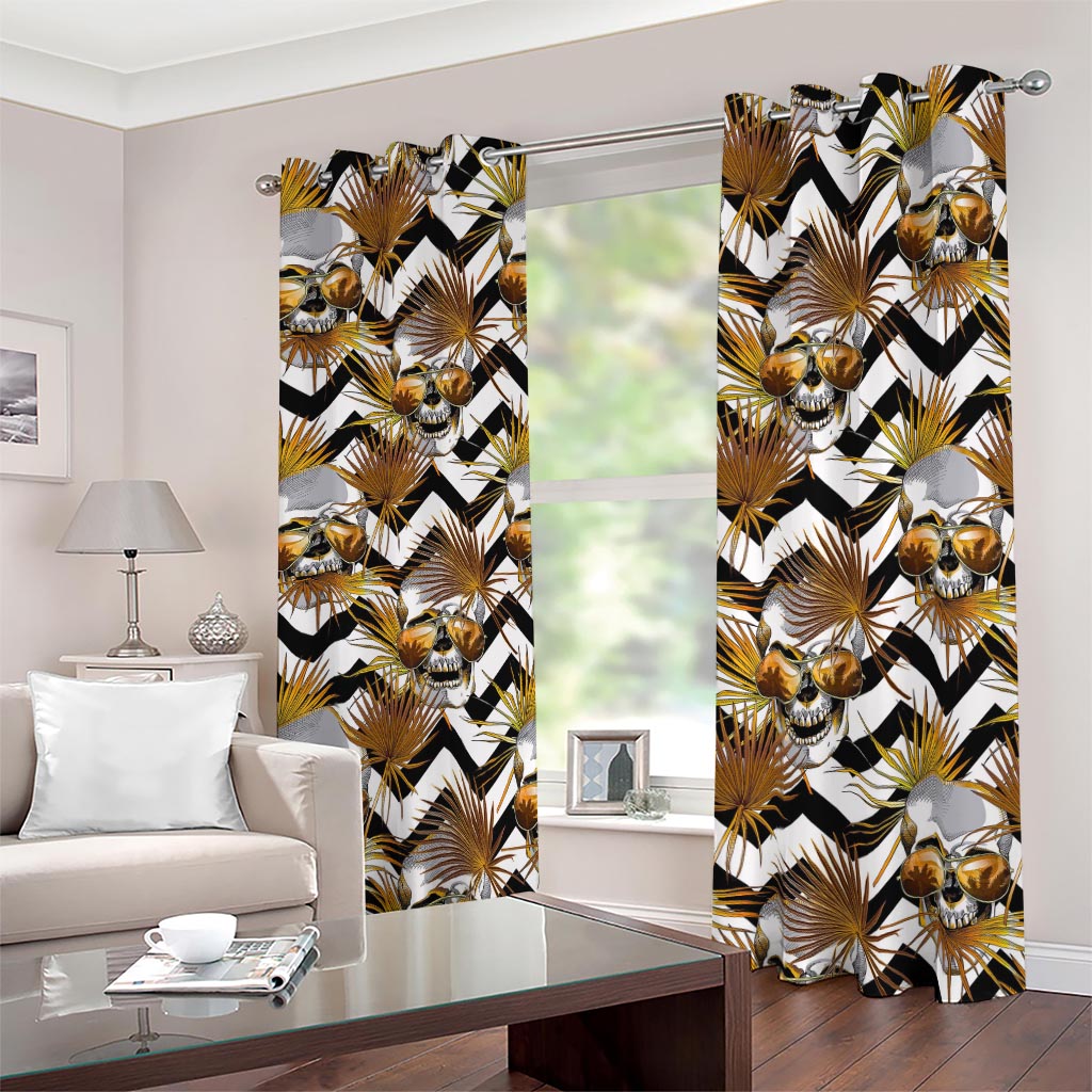 Gold Tropical Skull Pattern Print Blackout Grommet Curtains