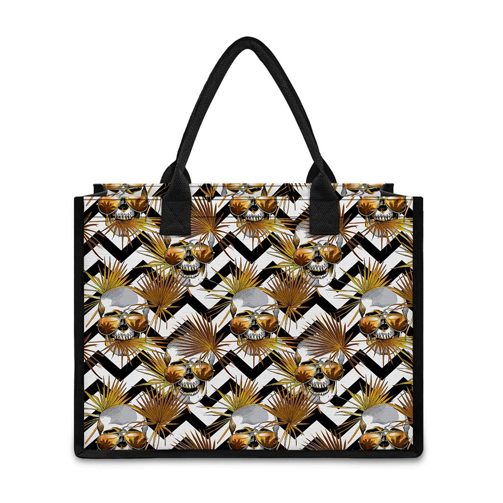 Gold Tropical Skull Pattern Print Canvas Tote Bag