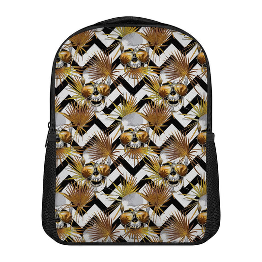 Gold Tropical Skull Pattern Print Casual Backpack