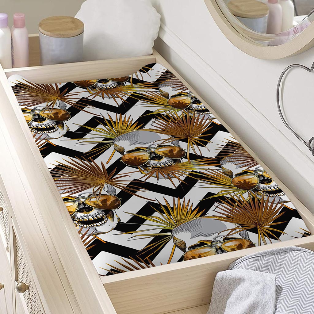 Gold Tropical Skull Pattern Print Changing Pad Cover