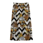 Gold Tropical Skull Pattern Print Cotton Front Slit Maxi Skirt