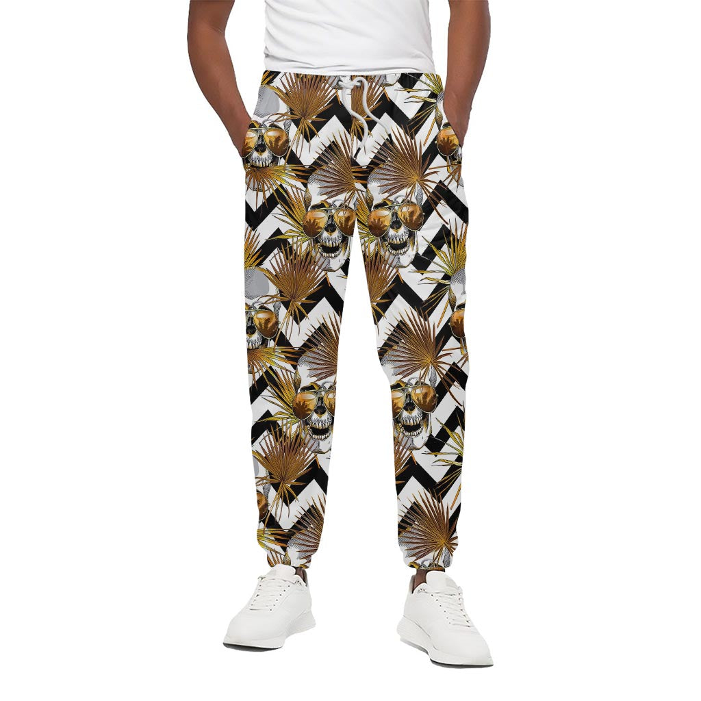 Gold Tropical Skull Pattern Print Cotton Pants