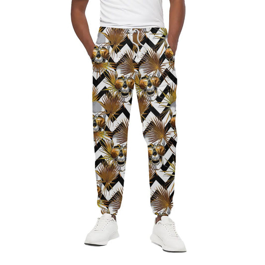 Gold Tropical Skull Pattern Print Cotton Pants
