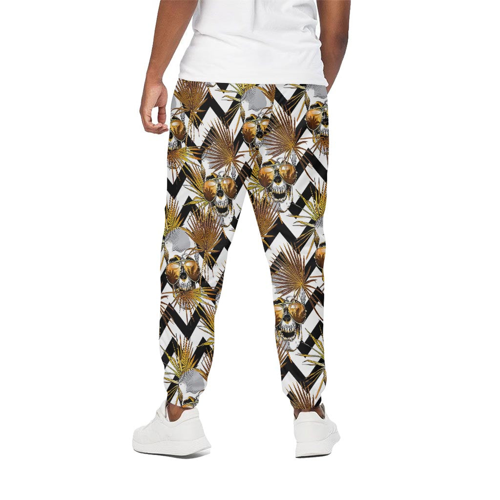 Gold Tropical Skull Pattern Print Cotton Pants