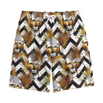 Gold Tropical Skull Pattern Print Cotton Shorts