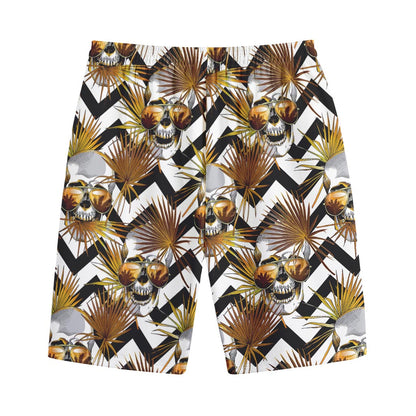 Gold Tropical Skull Pattern Print Cotton Shorts