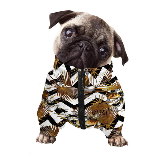 Gold Tropical Skull Pattern Print Dog Zip Up Jacket