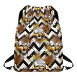Gold Tropical Skull Pattern Print Drawstring Backpack