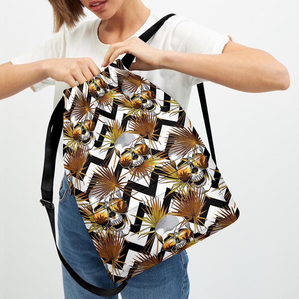 Gold Tropical Skull Pattern Print Drawstring Backpack