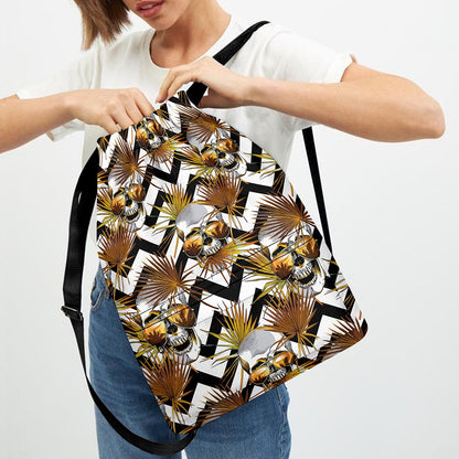 Gold Tropical Skull Pattern Print Drawstring Backpack