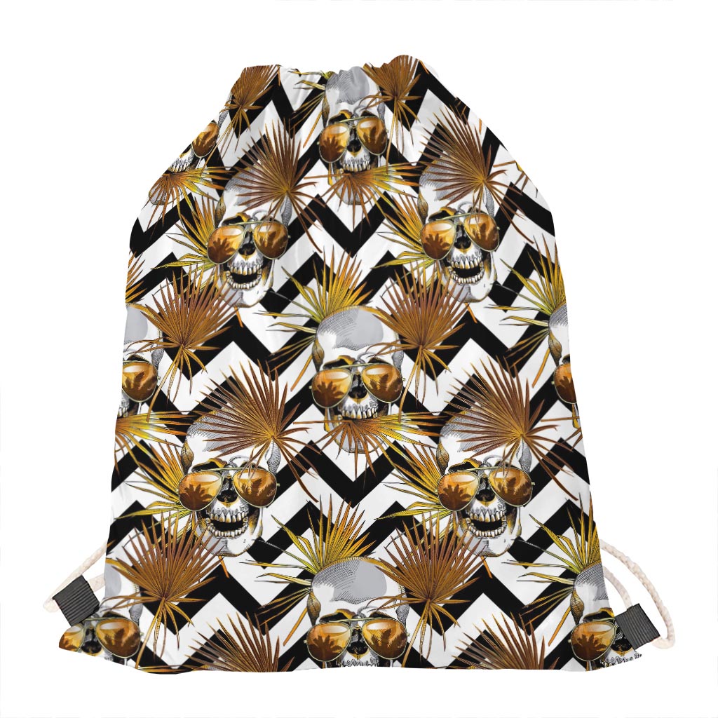 Gold Tropical Skull Pattern Print Drawstring Bag
