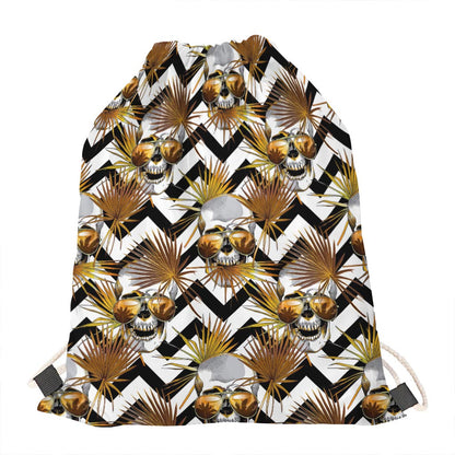 Gold Tropical Skull Pattern Print Drawstring Bag